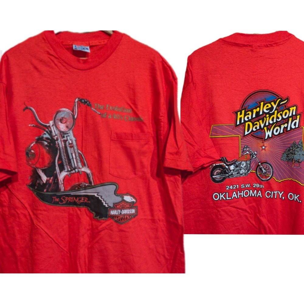 Vintage 90s Harley Davidson Springer Red 3D Emblem Single Stitch Tee Oklahoma XL